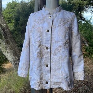 Chicos reversible Nehru jacket in neutral 100% linen with gold tone & paisley